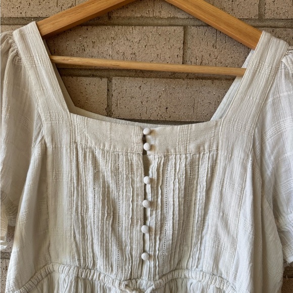 Madewell Puff Sleeve Drawstring Cream Textured Button-Front Top | Medium - Picture 4 of 10